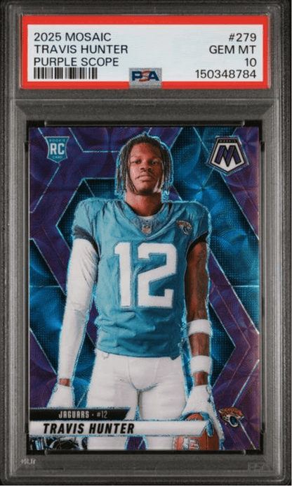 Graded 2025 Panini Mosaic Travis Hunter #279 Purple Scope Rookie RC Football Card PSA 10 Gem Mint