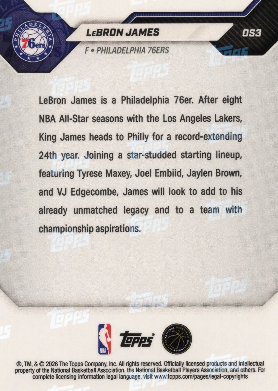 2026 Topps Now LeBron James #OS03 Rainbow Foil Headed to Philadelphia for Historic 24th Season Philadelphia 76ers Basketball Card