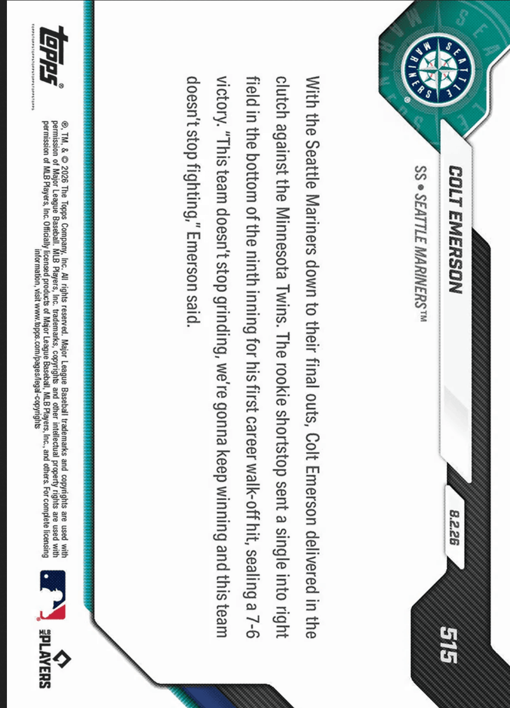 2026 Topps Now Colt Emerson #515 Orange Foil /25 1st Career Walk Off Knocks Down Minnesota Seattle Mariners Rookie RC Baseball Card