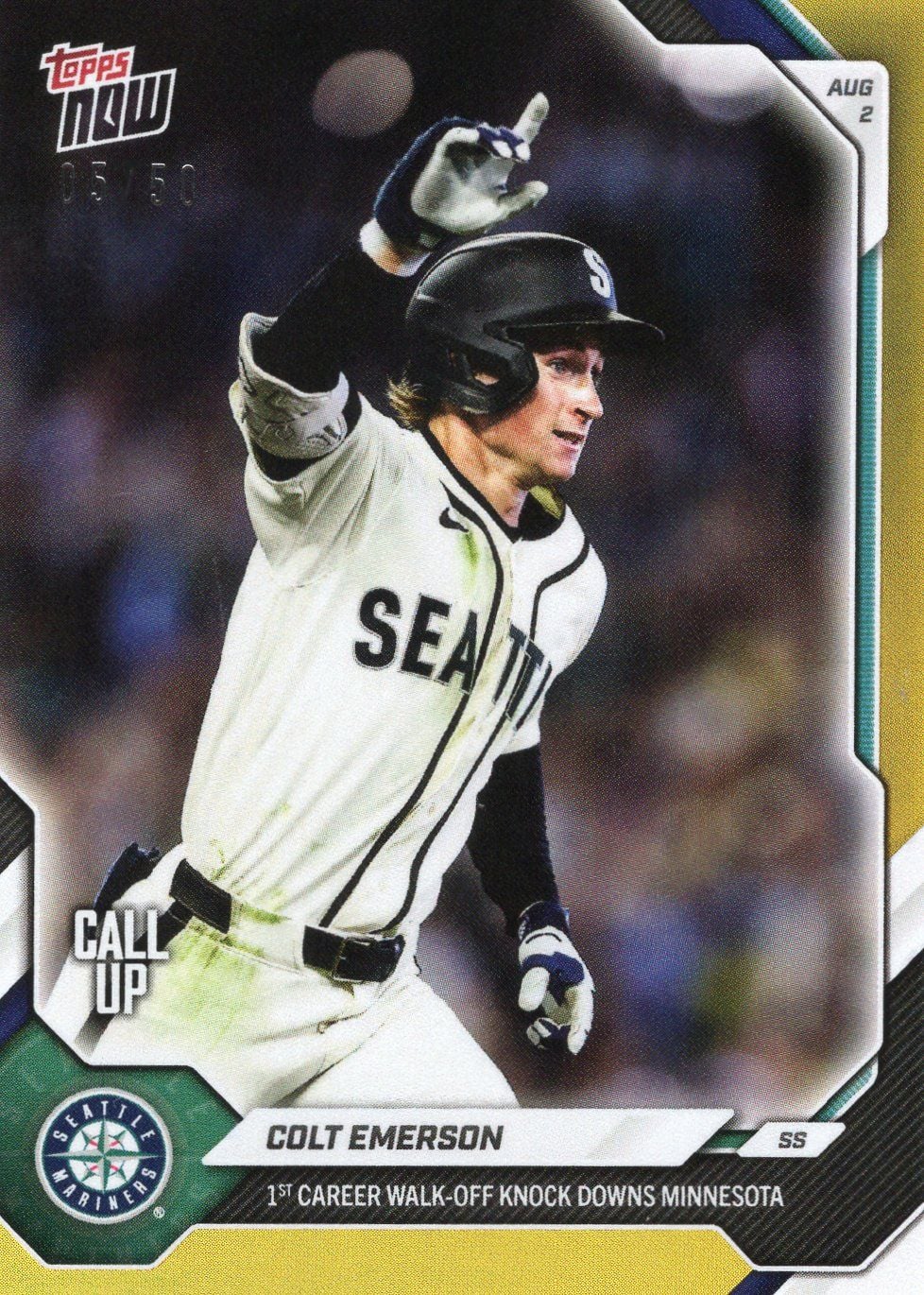 2026 Topps Now Colt Emerson #515 Gold Foil /50 1st Career Walk Off Knocks Down Minnesota Seattle Mariners Rookie RC Baseball Card