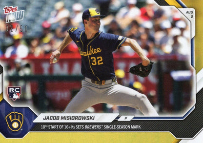 2026 Topps Now Jacob Misiorowski #513 Gold Foil /50 10th Start of 10+Ks Sets Brewers Single Season Mark Milwaukee Brewers Rookie RC Baseball Card