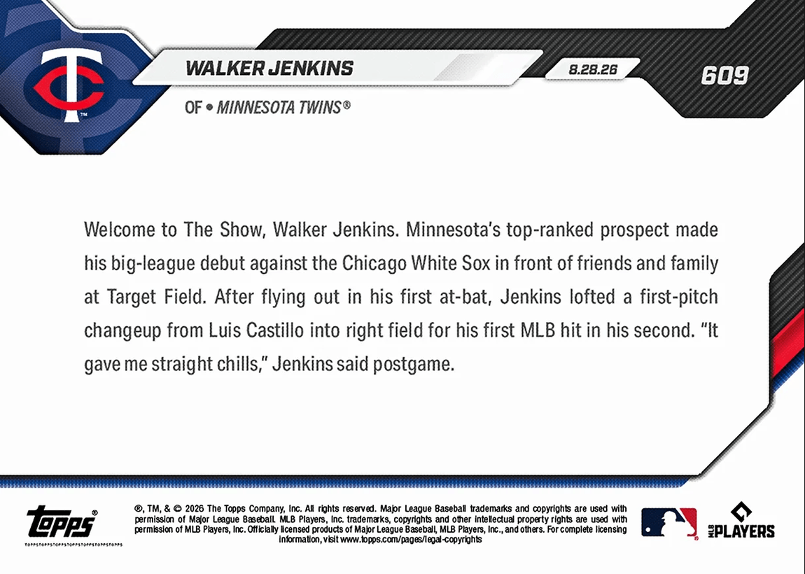 2026 Topps Now Walker Jenkins #609 Number 1 Prospect Logs 1st Career Knock in Big Leagues Minnesota Twins Rookie RC Baseball Card