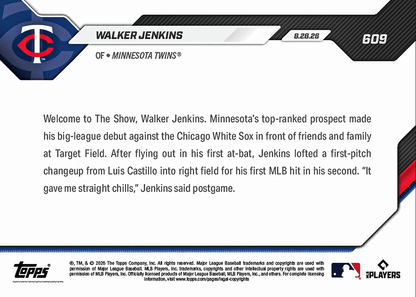 2026 Topps Now Walker Jenkins #609 Number 1 Prospect Logs 1st Career Knock in Big Leagues Minnesota Twins Rookie RC Baseball Card
