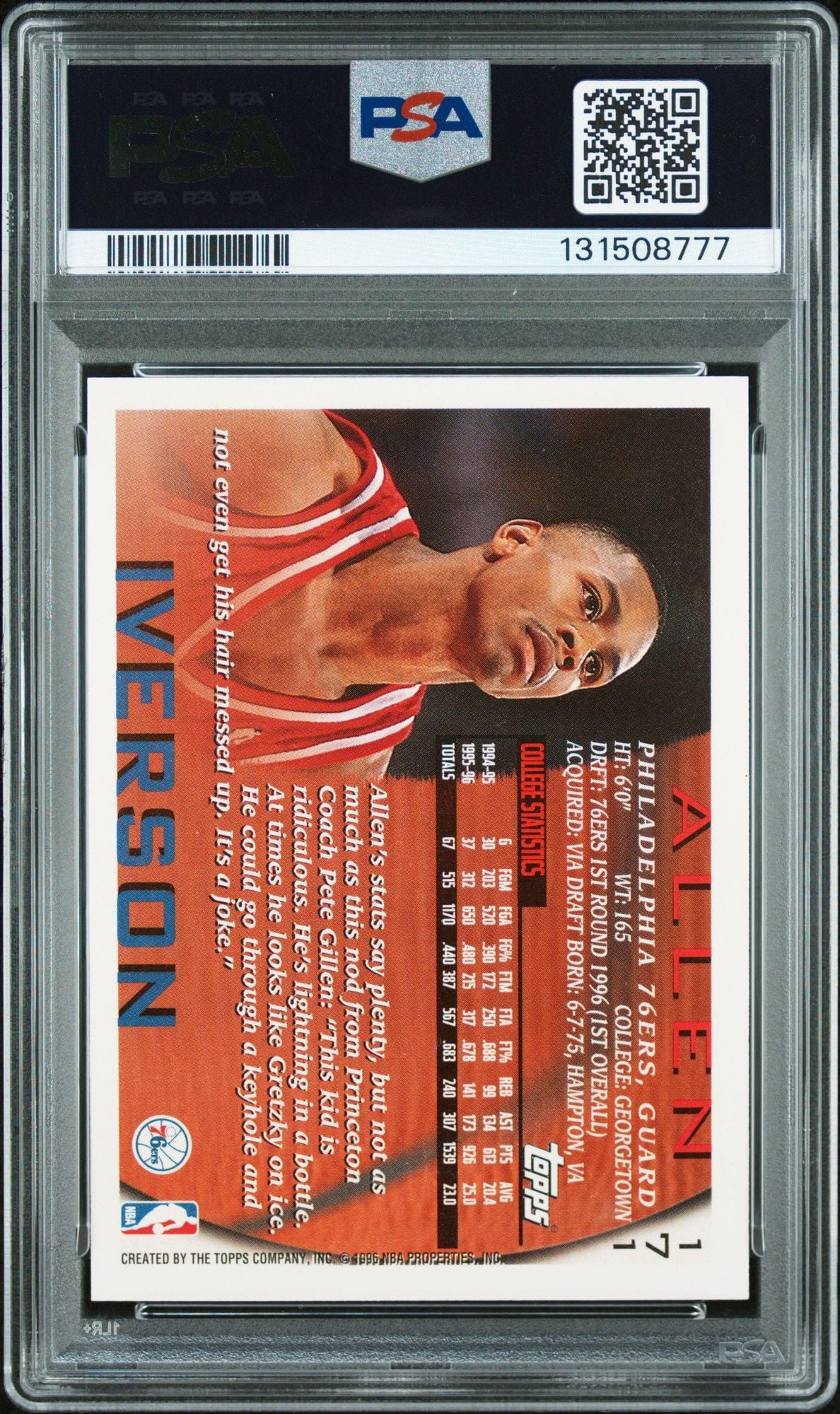 Graded 1996 Topps Allen Iverson #171 Rookie RC Basketball Card PSA 10 Auto Grade Gem Mint