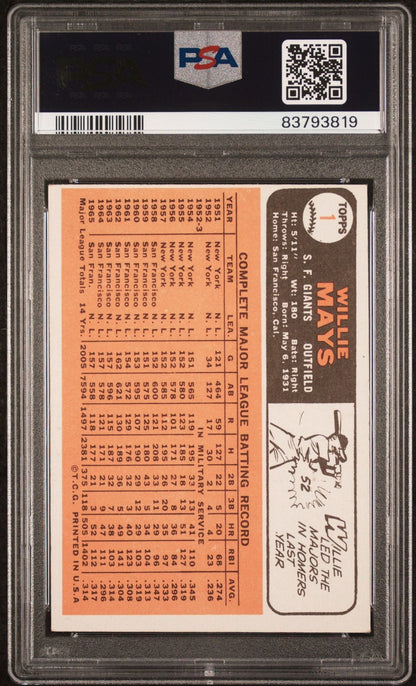 Graded 1966 Topps Willie Mays #1 Baseball Card PSA 5 Excellent