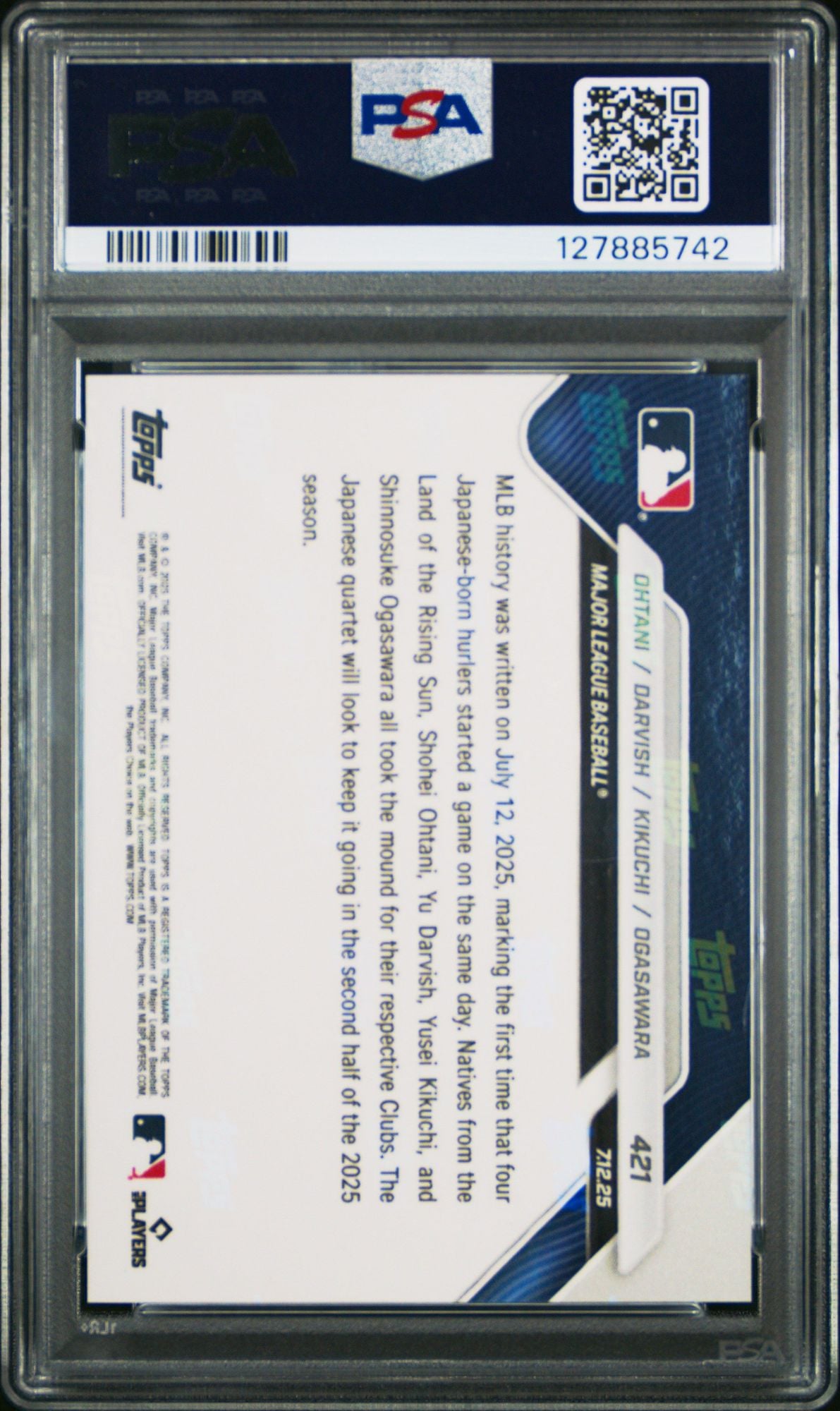 Graded 2025 Topps Now Shohei Ohtani #421 Four Japanese Hurlers Start Baseball Card PSA 10 Gem Mint