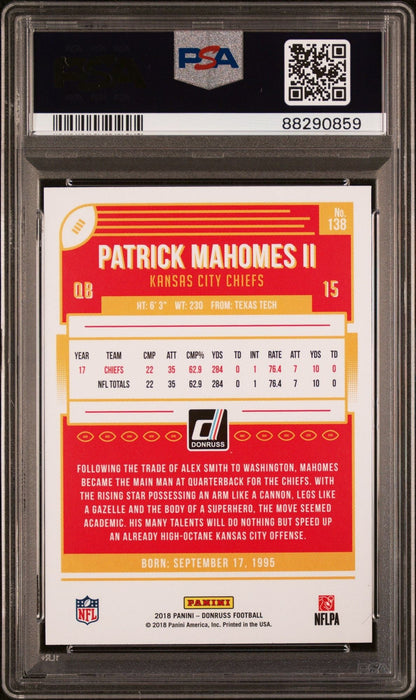 Graded 2018 Panini Donruss Patrick Mahomes II #138 2nd Year Football Card PSA 10 Gem Mint