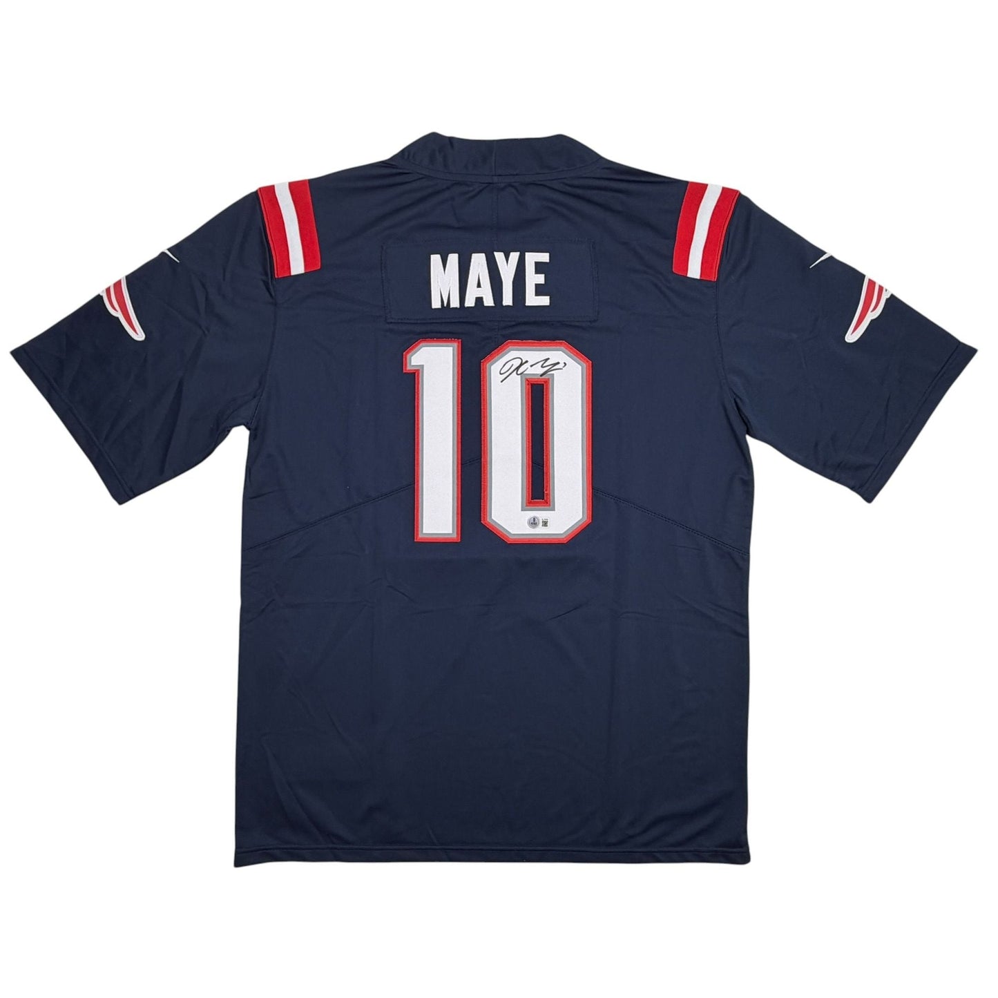 Autographed/Signed Drake Maye New England Patriots Blue Authentic Football Jersey Beckett BAS COA