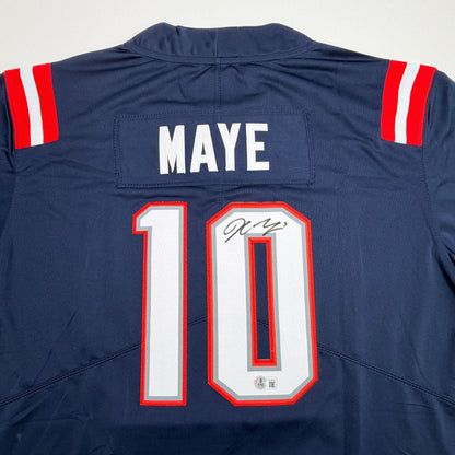 Autographed/Signed Drake Maye New England Patriots Blue Authentic Football Jersey Beckett BAS COA