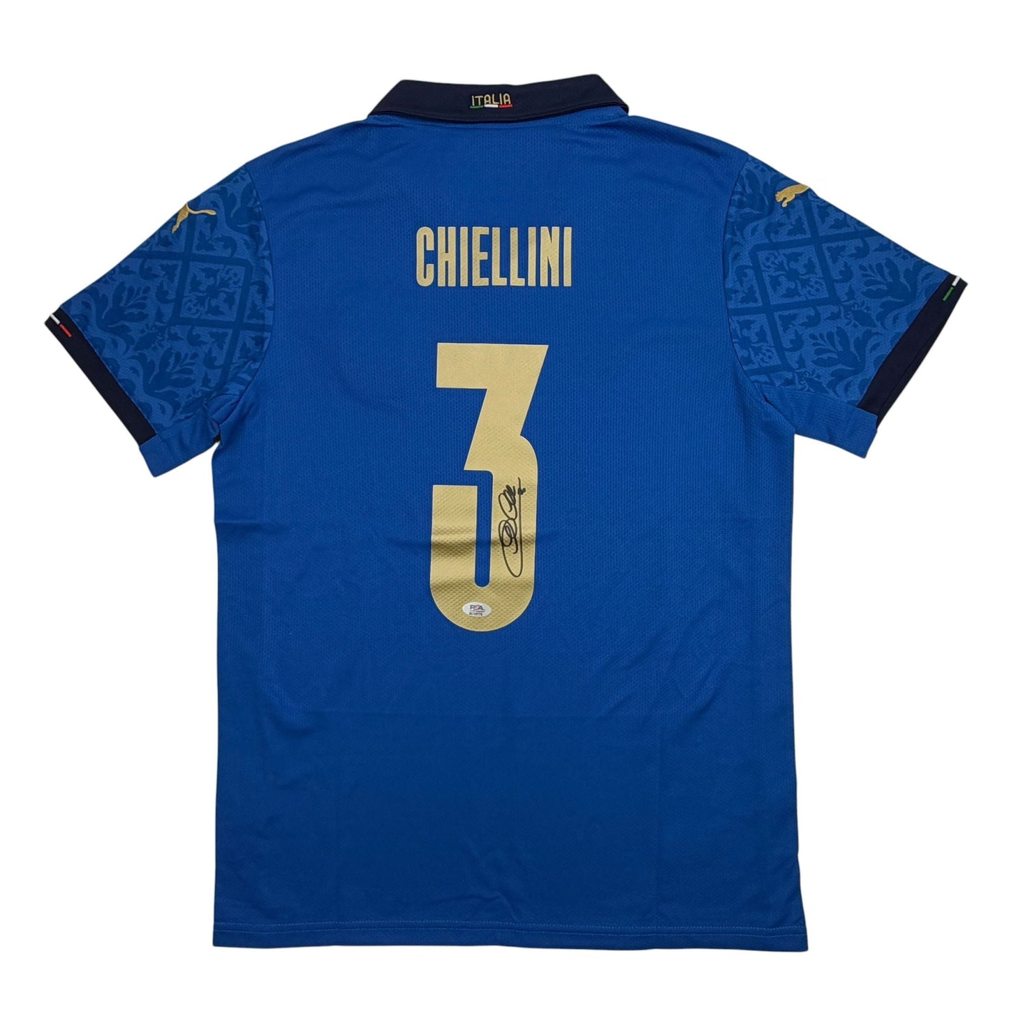 Autographed/Signed Giorgio Chiellini Italy Blue Soccer Futbol Jersey Beckett BAS COA