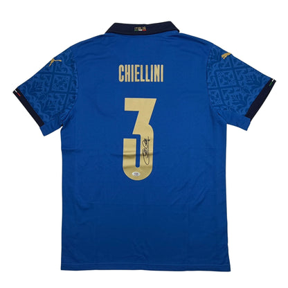 Autographed/Signed Giorgio Chiellini Italy Blue Soccer Futbol Jersey Beckett BAS COA