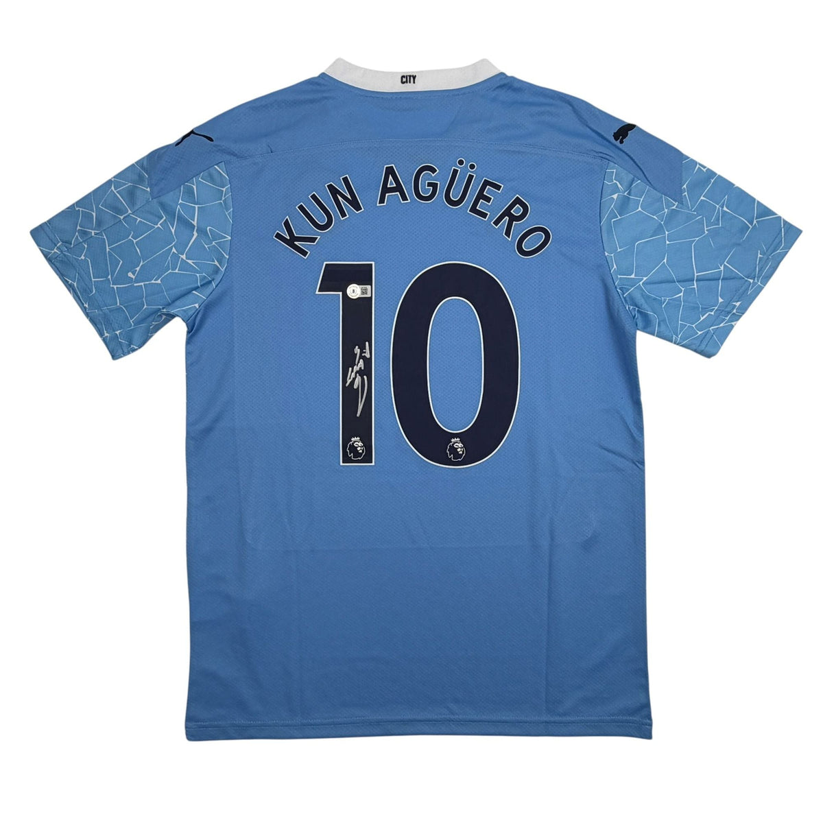 Autographed/Signed Sergio Kun Aguero #10 Manchester City Blue Soccer Futbol Jersey Beckett BAS COA