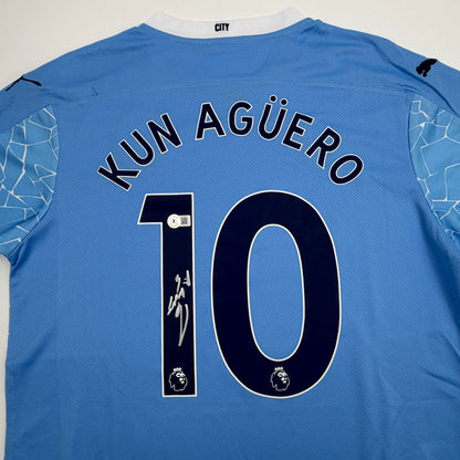 Autographed/Signed Sergio Kun Aguero #10 Manchester City Blue Soccer Futbol Jersey Beckett BAS COA