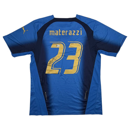Autographed/Signed Marco Materazzi Italy Blue Soccer Futbol Jersey Beckett BAS COA