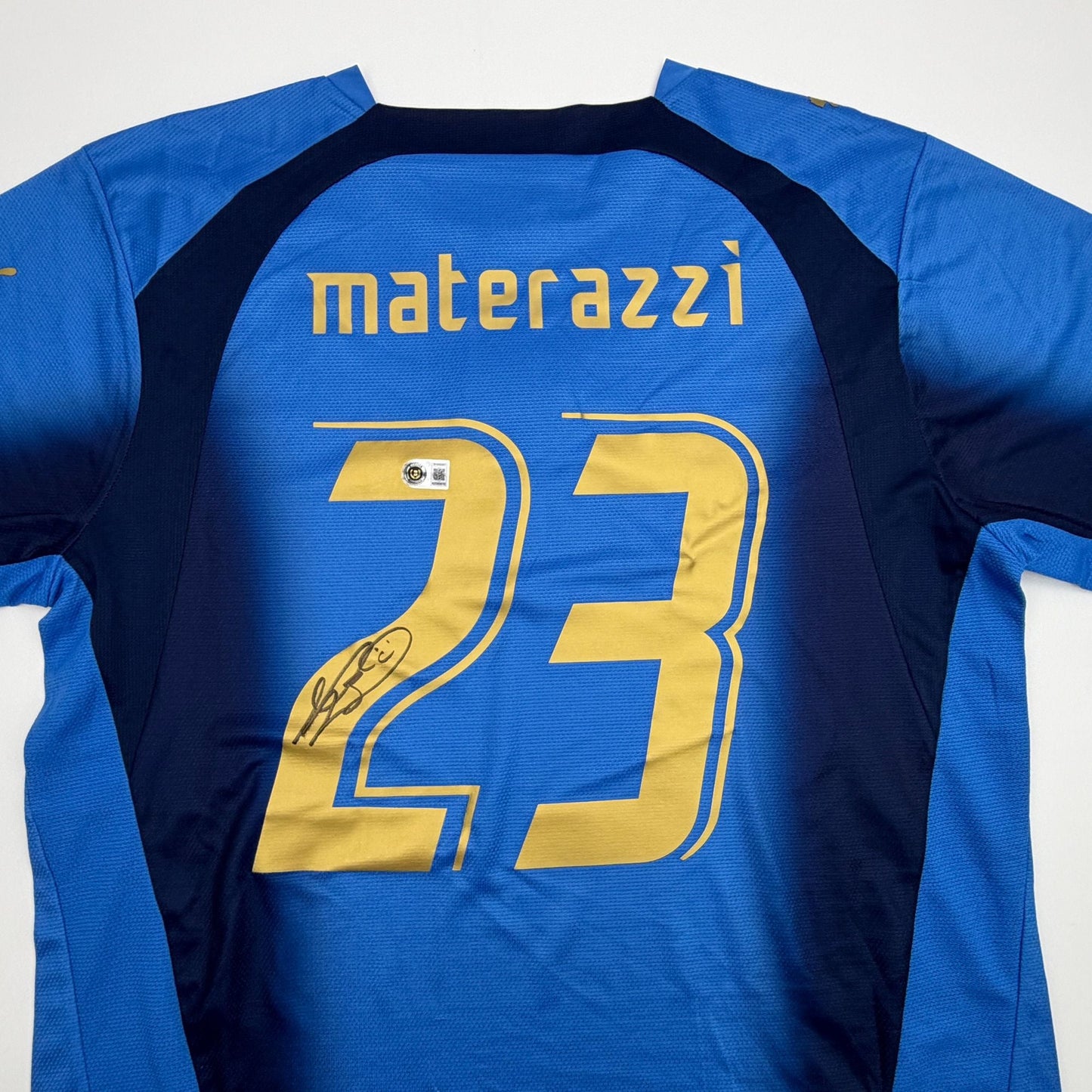 Autographed/Signed Marco Materazzi Italy Blue Soccer Futbol Jersey Beckett BAS COA
