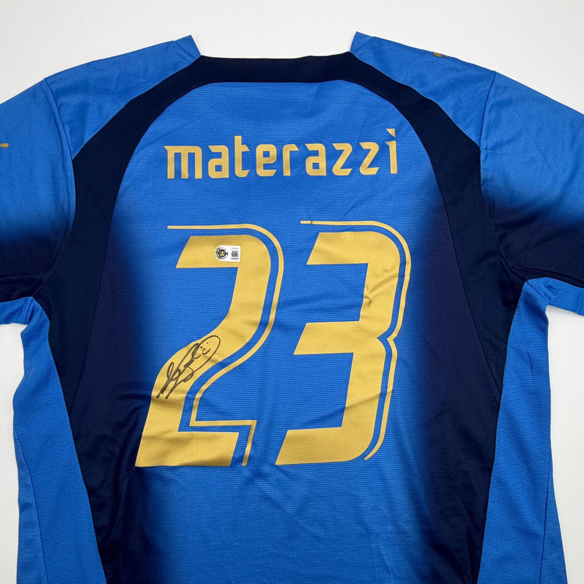 Autographed/Signed Marco Materazzi Italy Blue Soccer Futbol Jersey Beckett BAS COA