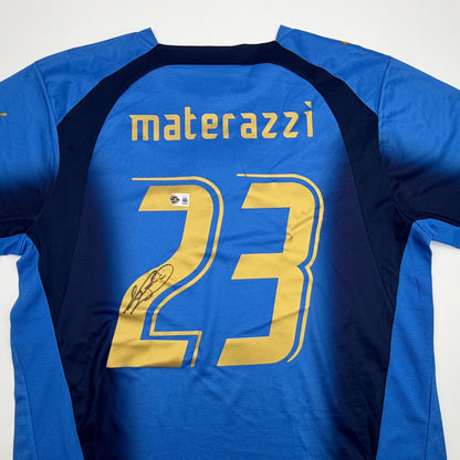 Autographed/Signed Marco Materazzi Italy Blue Soccer Futbol Jersey Beckett BAS COA