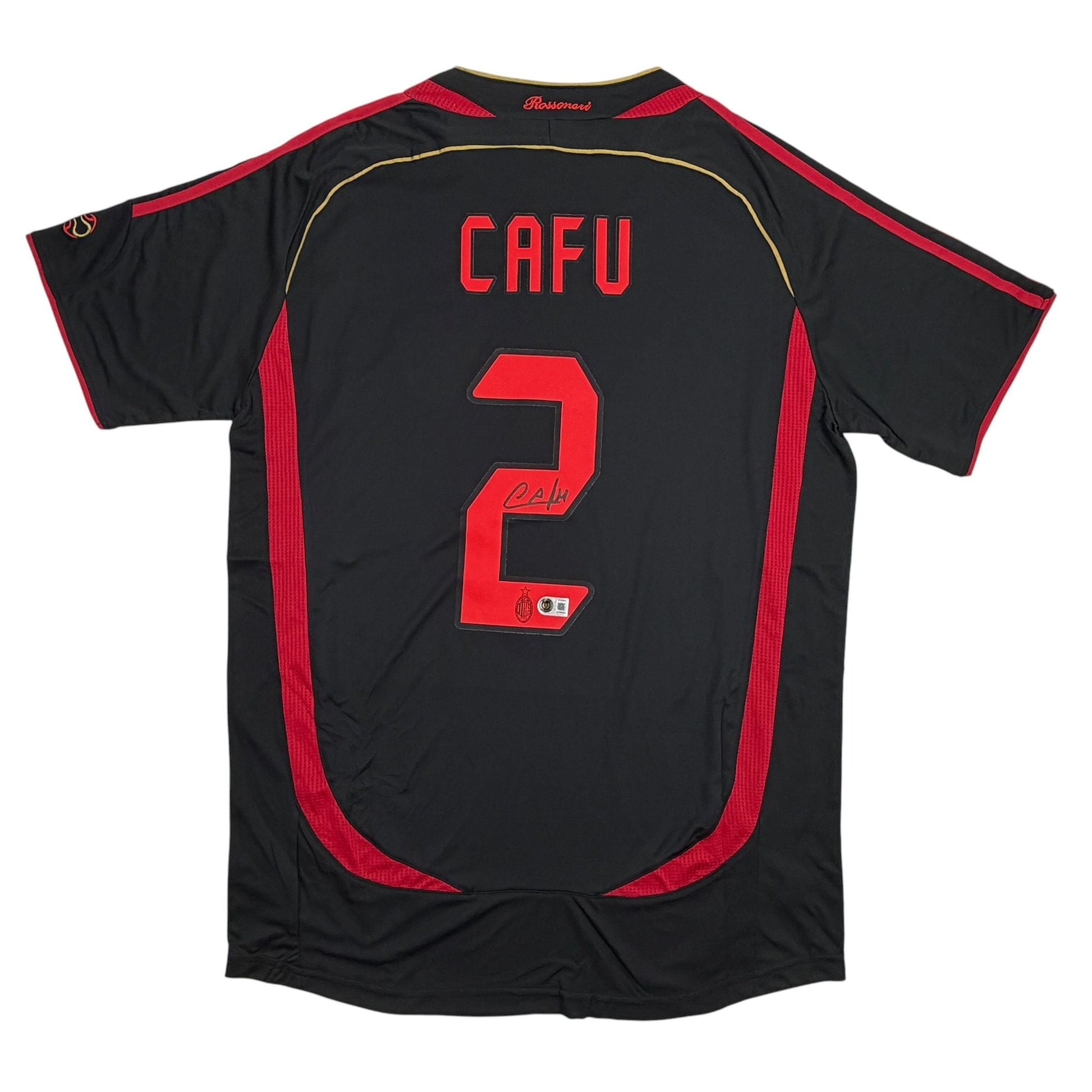 Autographed/Signed Cafu AC Milan Black Soccer Futbol Jersey Beckett BAS COA