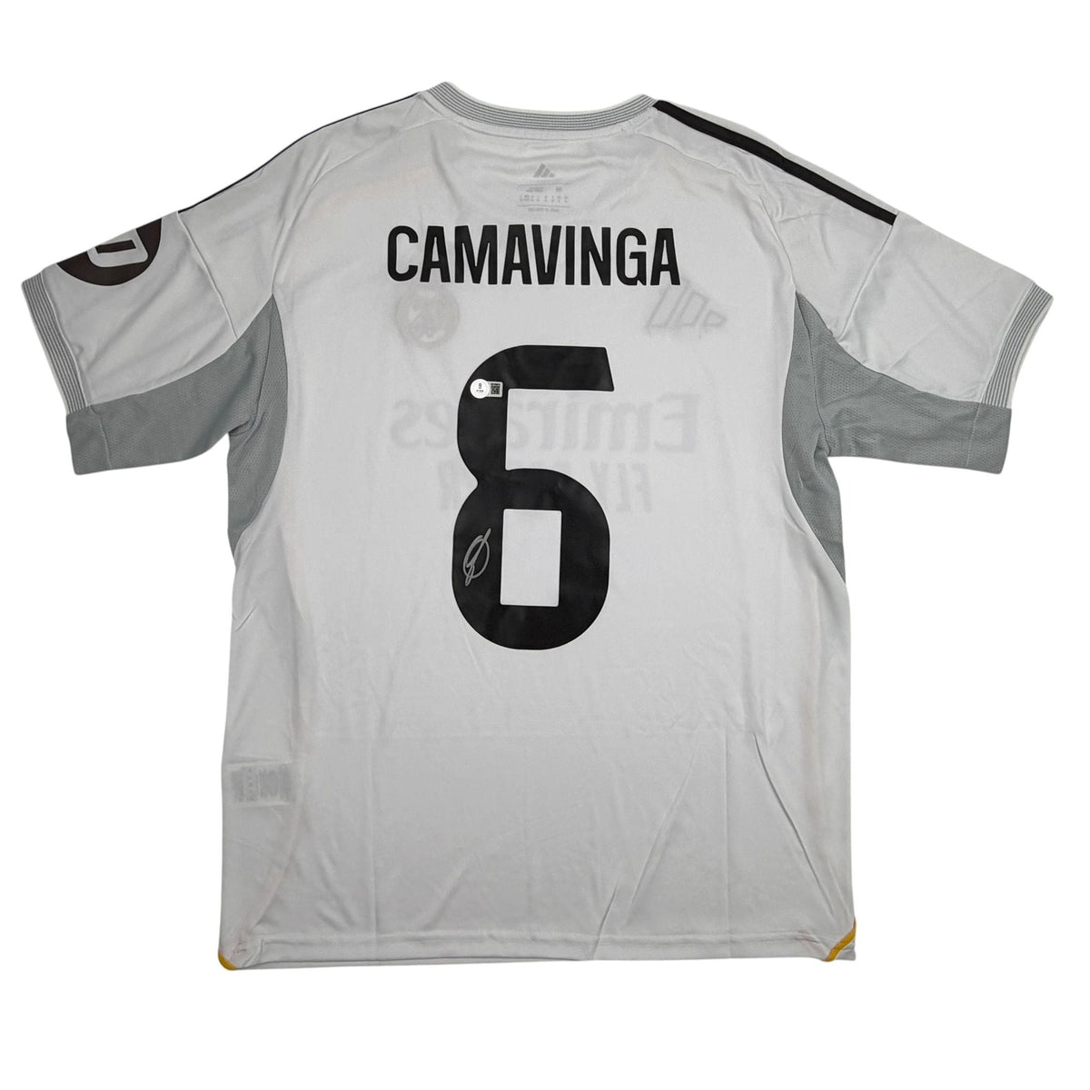 Autographed/Signed Eduardo Camavinga Real Madrid White Soccer Futbol Jersey Beckett BAS COA