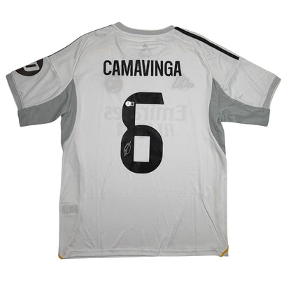 Autographed/Signed Eduardo Camavinga Real Madrid White Soccer Futbol Jersey Beckett BAS COA