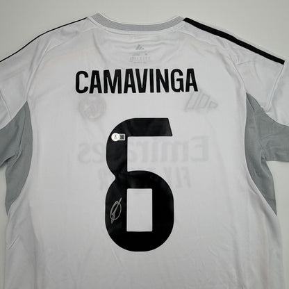 Autographed/Signed Eduardo Camavinga Real Madrid White Soccer Futbol Jersey Beckett BAS COA