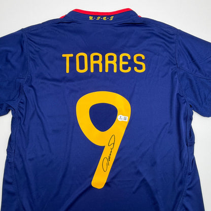 Autographed/Signed Fernando Torres Spain Blue Soccer Futbol Jersey Beckett BAS COA