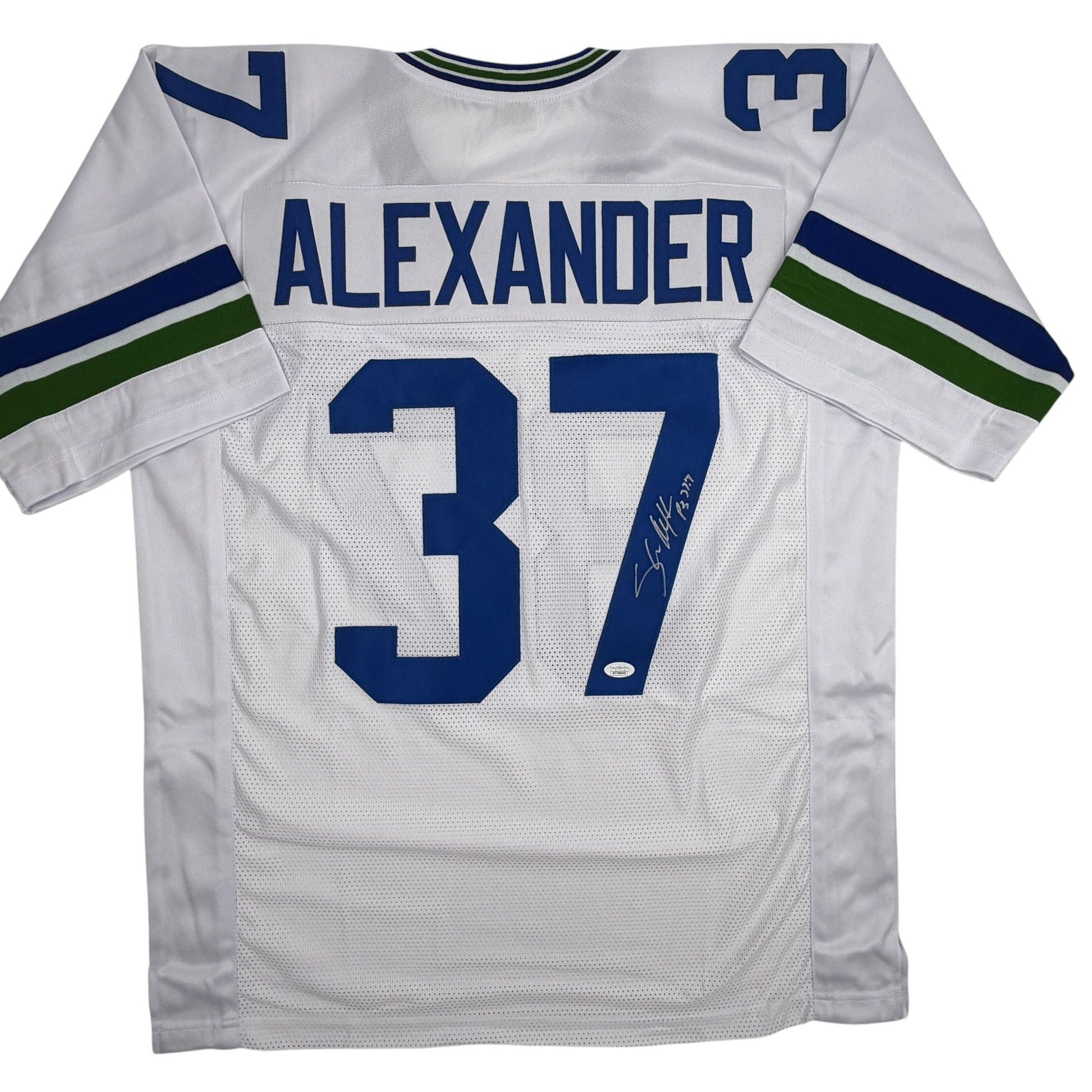 Autographed/Signed Shaun Alexander Seattle White Football Jersey Beckett BAS COA