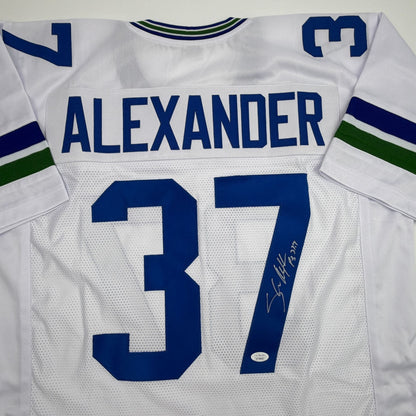 Autographed/Signed Shaun Alexander Seattle White Football Jersey Beckett BAS COA