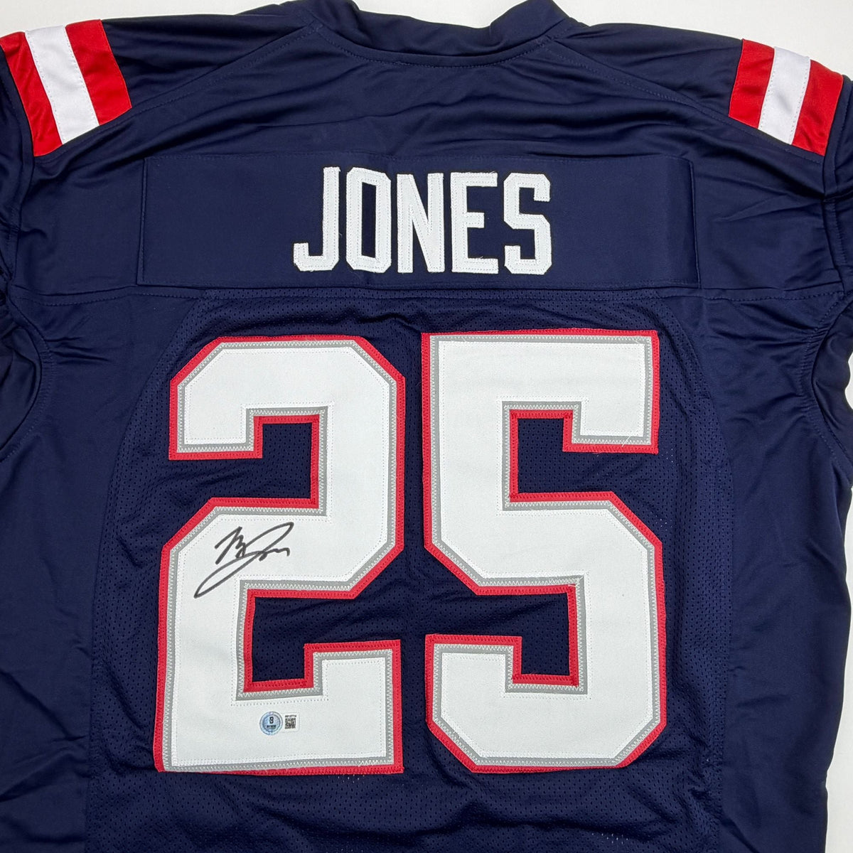 Autographed/Signed Marcus Jones New England Blue Pro Cut Football Jersey Beckett BAS COA