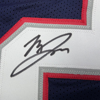 Autographed/Signed Marcus Jones New England Blue Pro Cut Football Jersey Beckett BAS COA