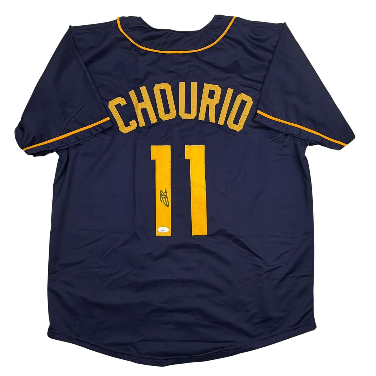 Autographed/Signed Jackson Chourio Milwaukee Navy Blue Baseball Jersey Beckett BAS COA