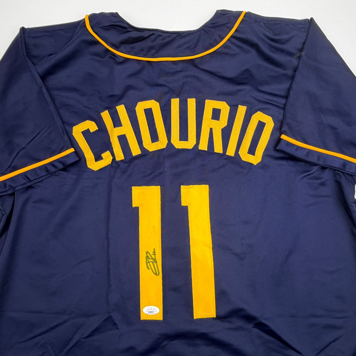 Autographed/Signed Jackson Chourio Milwaukee Navy Blue Baseball Jersey Beckett BAS COA