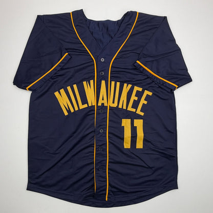 Autographed/Signed Jackson Chourio Milwaukee Navy Blue Baseball Jersey Beckett BAS COA