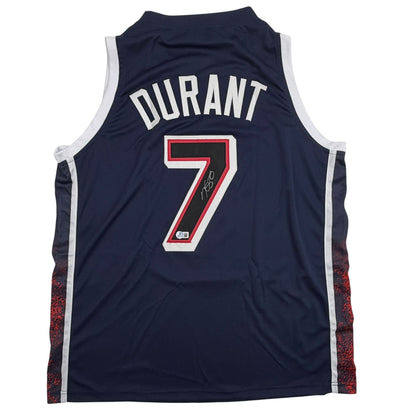 Autographed/Signed Kevin Durant 2024 United States USA Olympics Blue Basketball Jersey Beckett BAS COA
