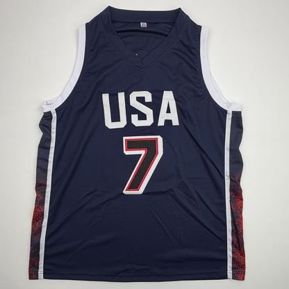 Autographed/Signed Kevin Durant 2024 United States USA Olympics Blue Basketball Jersey Beckett BAS COA
