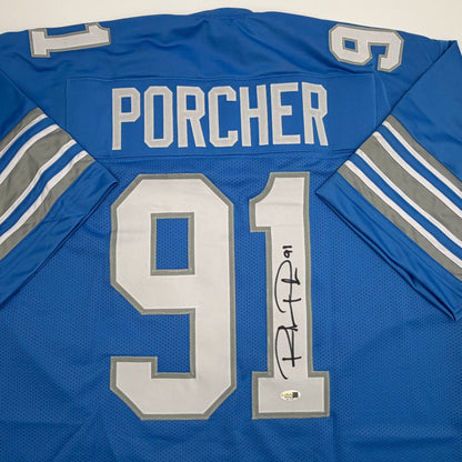 Autographed/Signed Robert Porcher Detroit Blue Football Jersey JSA COA