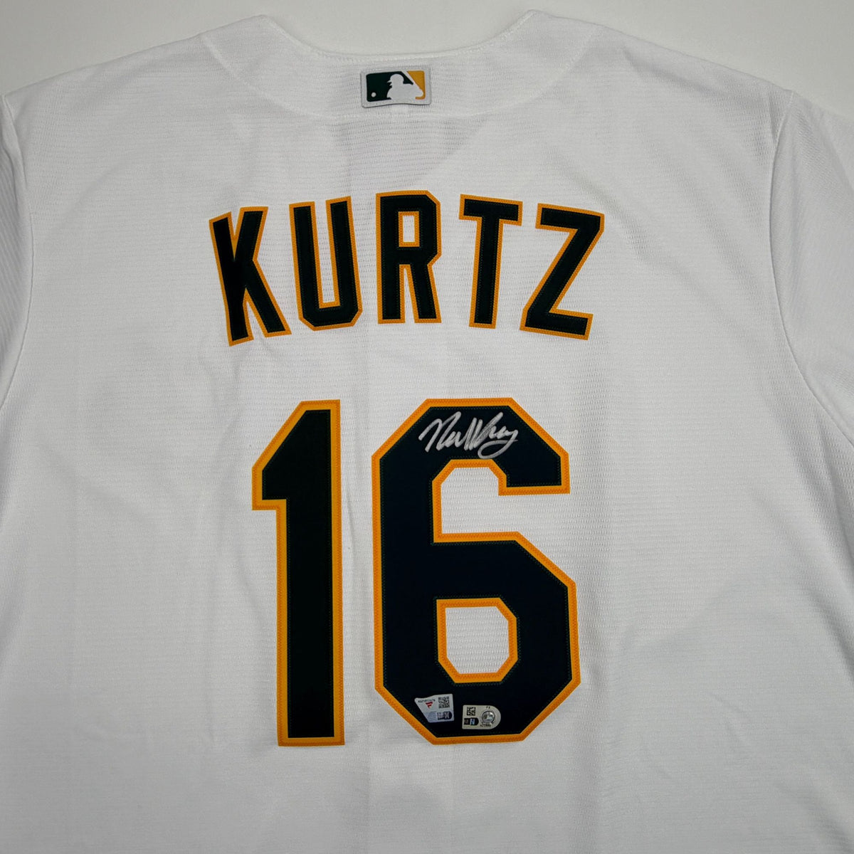 Autographed/Signed Nick Kurtz Athletics White Authentic Baseball Jersey Fanatics & MLB COA