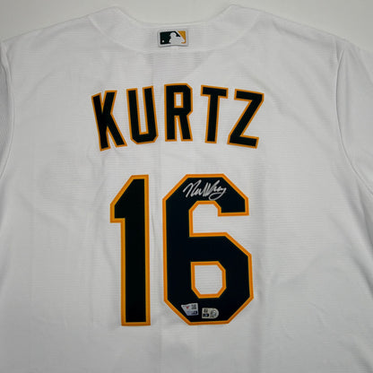 Autographed/Signed Nick Kurtz Athletics White Authentic Baseball Jersey Fanatics & MLB COA