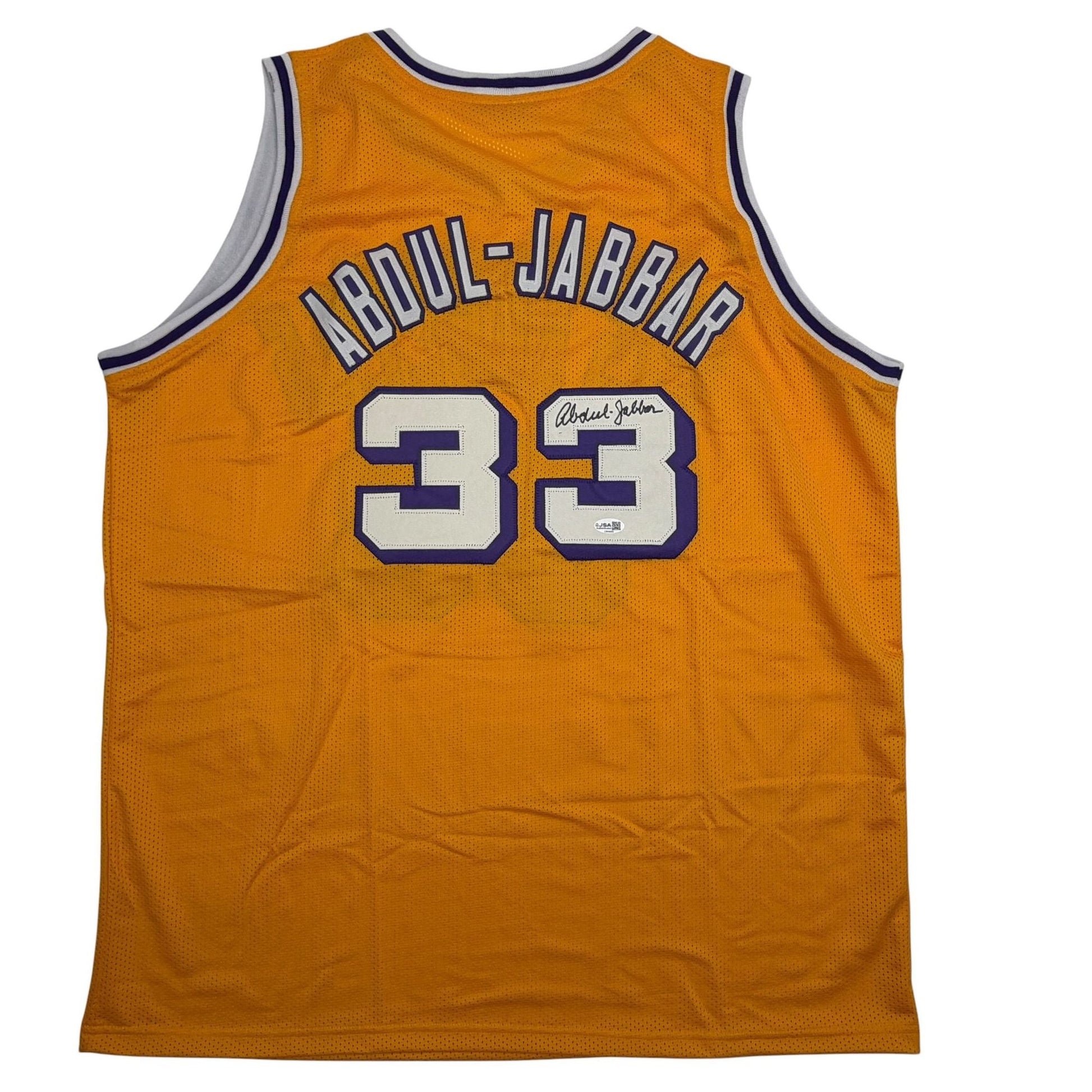 Autographed/Signed Kareem Abdul-Jabbar Los Angeles Yellow Basketball Jersey JSA COA