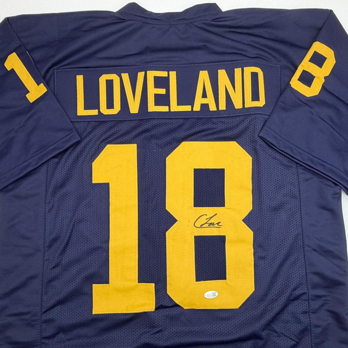 Autographed/Signed Colston Loveland Michigan Blue College Football Jersey JSA COA