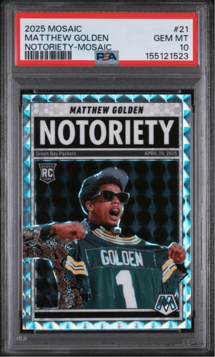 Graded 2025 Panini Mosaic Matthew Golden #21 Notoriety Mosaic Rookie RC Football Card PSA 10 Gem Mint