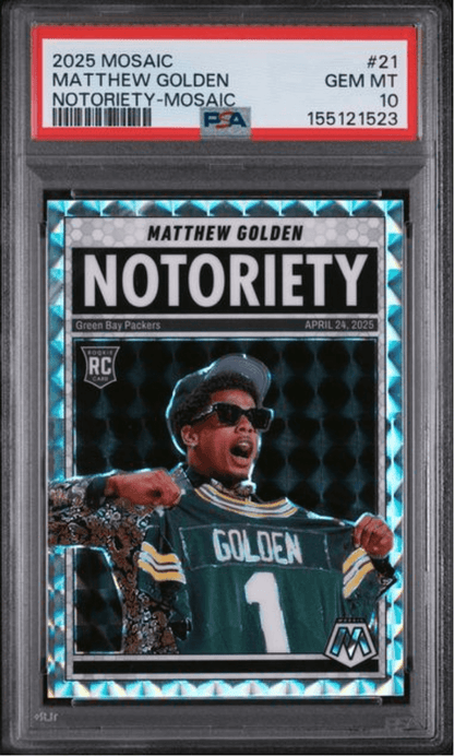 Graded 2025 Panini Mosaic Matthew Golden #21 Notoriety Mosaic Rookie RC Football Card PSA 10 Gem Mint