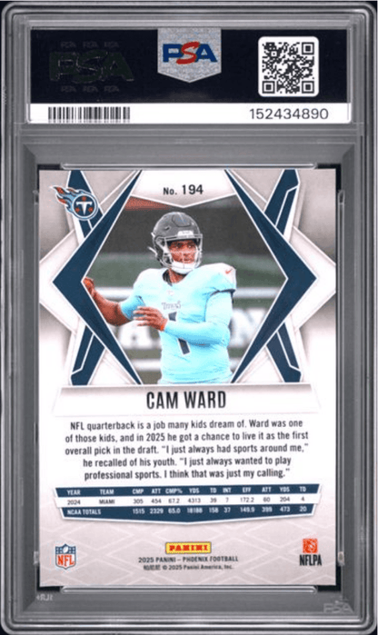 Graded 2025 Panini Phoenix Cam Ward #194 Silver Winter Rookie RC Football Card PSA 10 Gem Mint