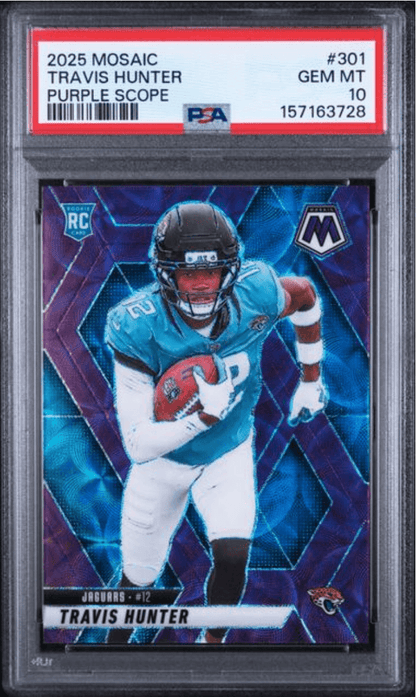 Graded 2025 Panini Mosaic Travis Hunter #301 Purple ScopeRookie RC Football Card PSA 10 Gem Mint
