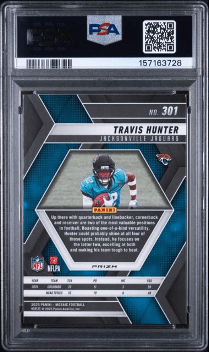Graded 2025 Panini Mosaic Travis Hunter #301 Purple ScopeRookie RC Football Card PSA 10 Gem Mint