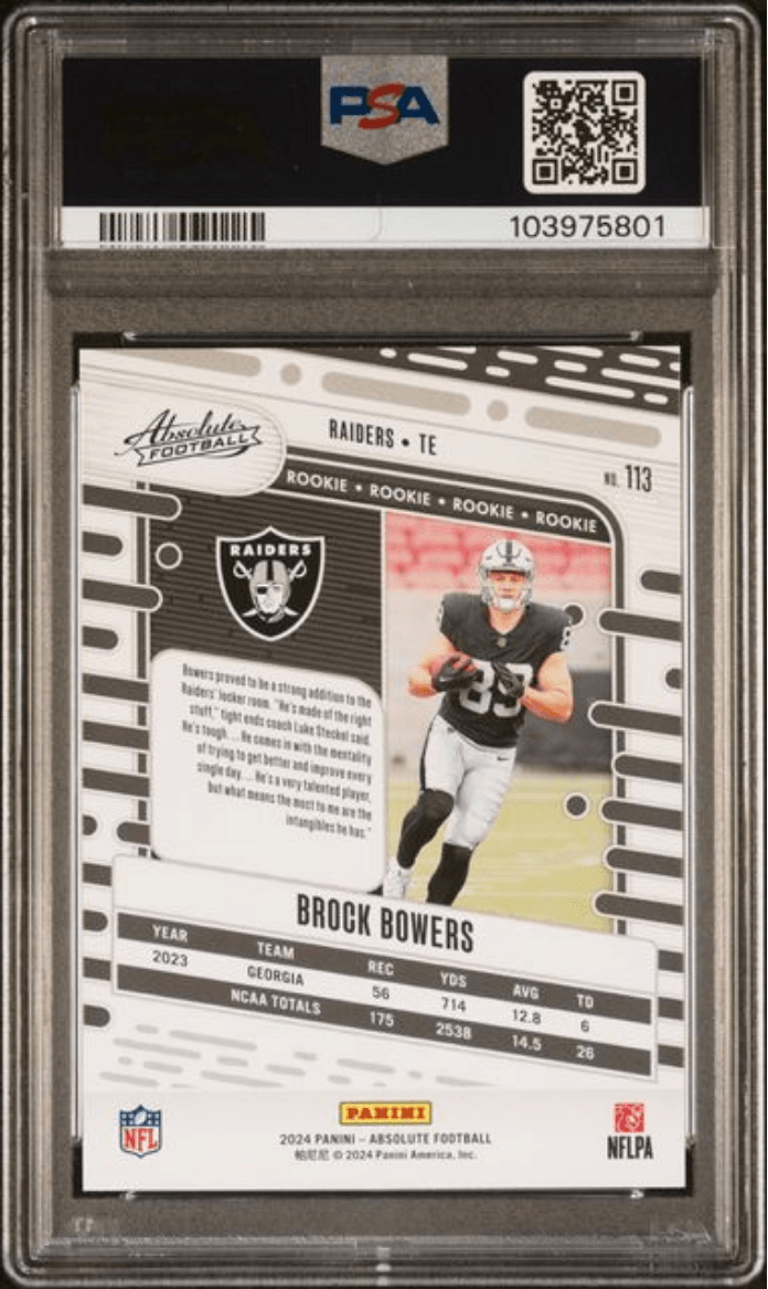 Graded 2024 Panini Absolute Brock Bowers #113 Black Rookie RC Football Card PSA 10 Gem Mint