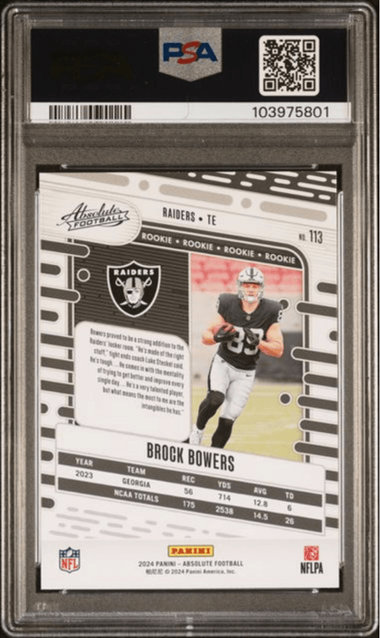 Graded 2024 Panini Absolute Brock Bowers #113 Black Rookie RC Football Card PSA 10 Gem Mint