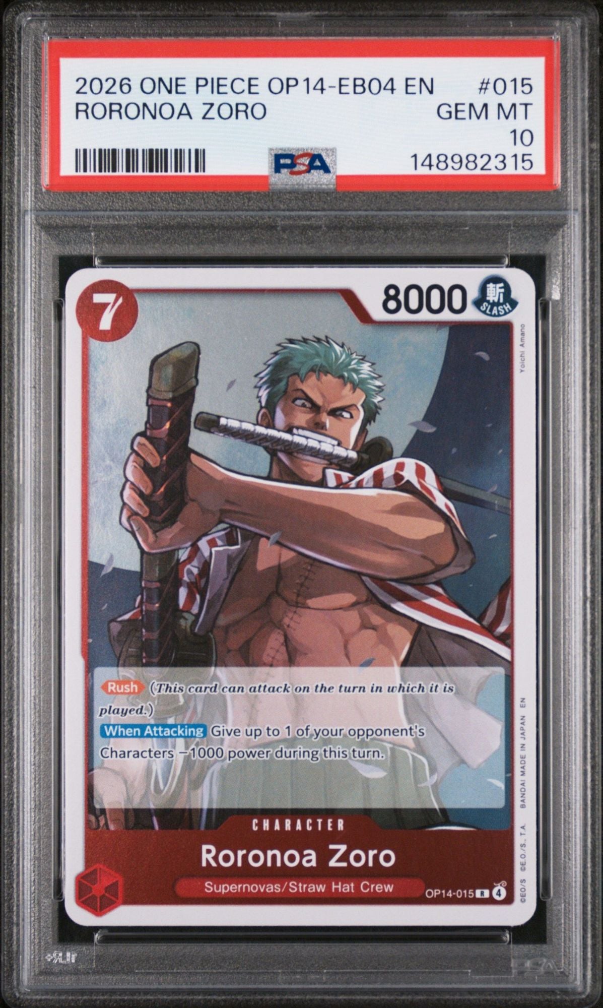 Graded 2026 One Piece Roronoa Zoro #015 OP14 Trading Card Game PSA 10 Gem Mint