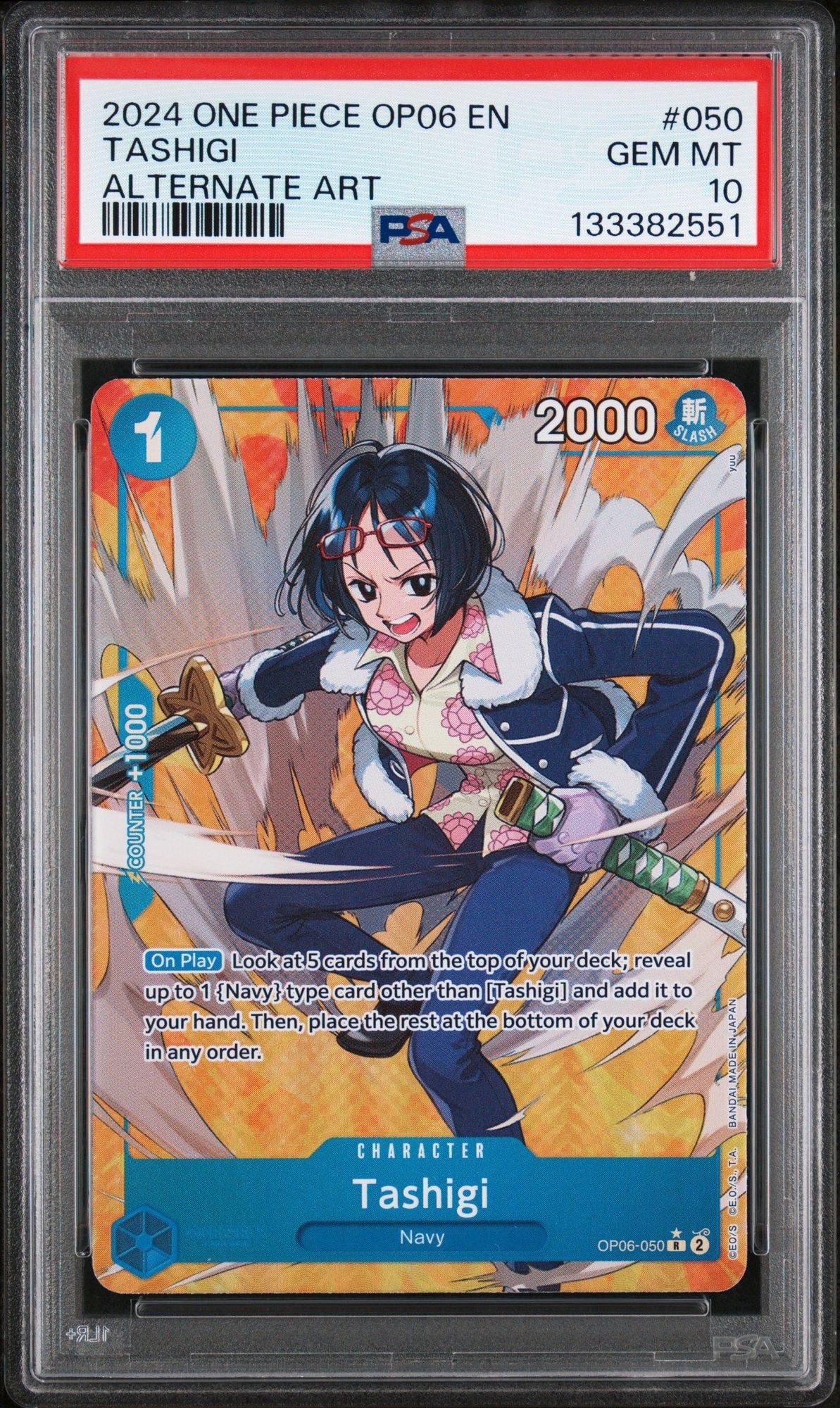 Graded 2024 One Piece Tashigi #050 OP06 EN Alternate Art Wings of the Captain Trading Card Game PSA 10 Gem Mint