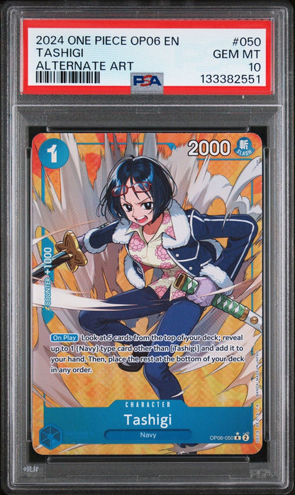 Graded 2024 One Piece Tashigi #050 OP06 EN Alternate Art Wings of the Captain Trading Card Game PSA 10 Gem Mint